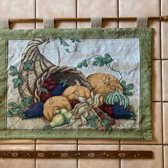 Thanksgiving OCTOBER WEEKEND Cornucopia Pumpkin TAPESTRY Wall Hanging w/WOOD ROD - Picture 10 of 15